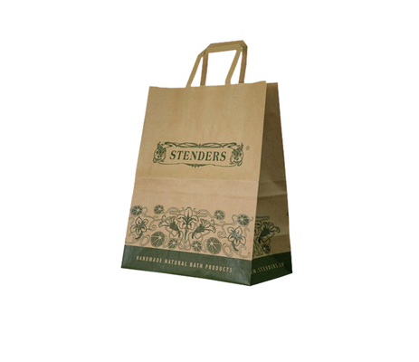 kopen Gedrukte Bruine Kraftpapier-Document Lunchzakken die met Vlakke Document Handvatleverancier verpakken online manufacture
